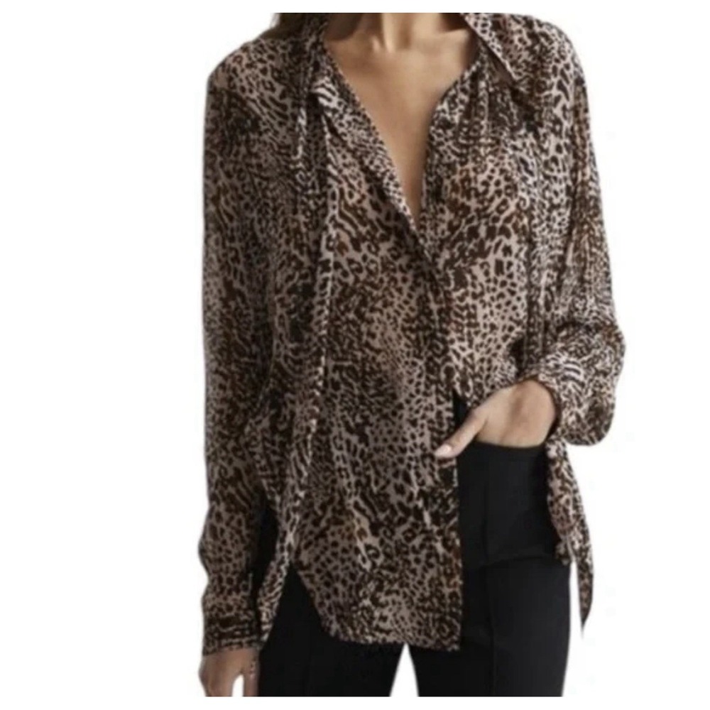 Reiss Tora Top Shirt Women's Size 6 Animal Print Cheetah Long Sleeve Sheer